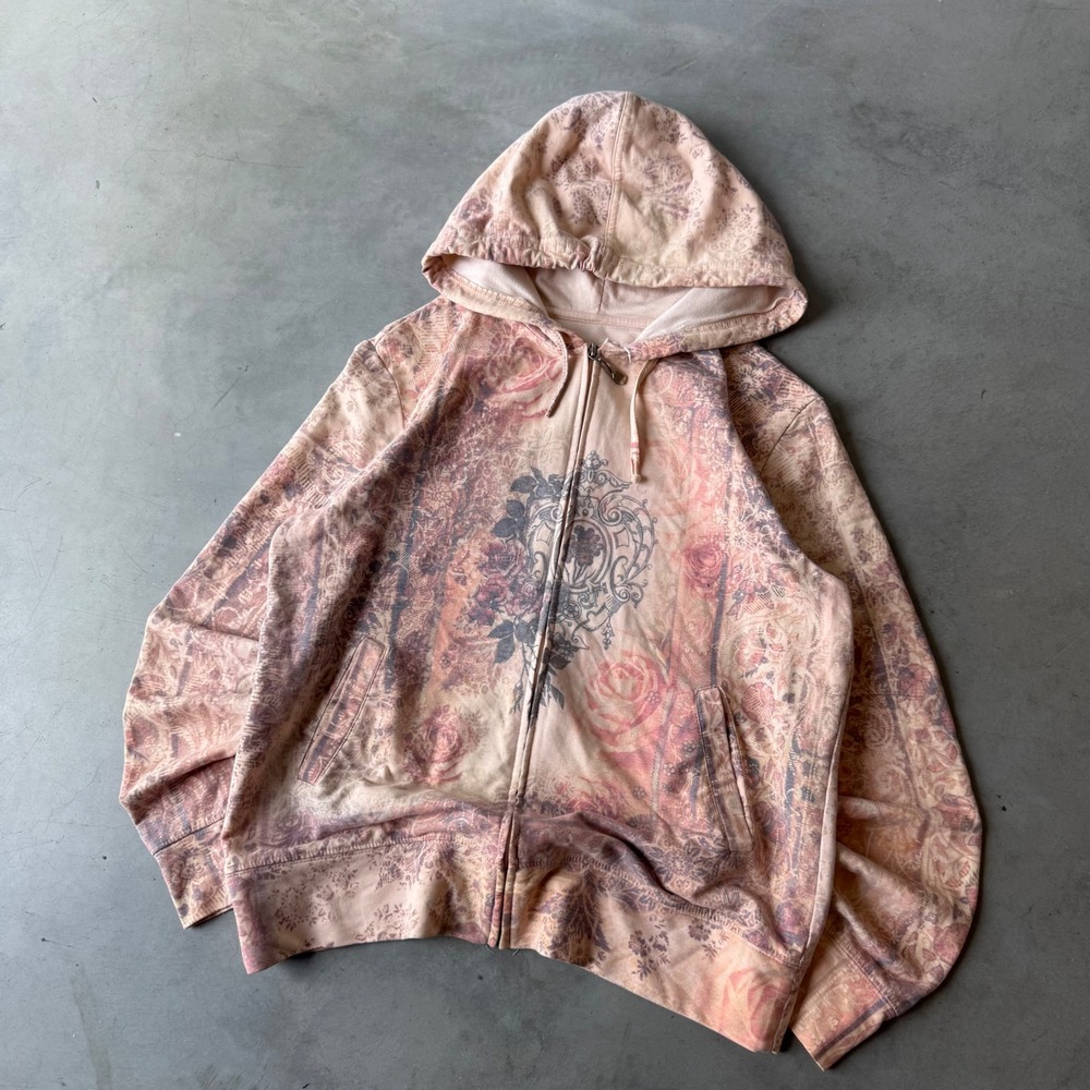 Green Tea Womens Large Pink Floral Damask Zip Up Hoodie Vintage Style Y2K Grunge